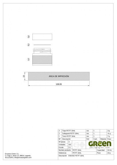 Ficha Técnica envase cosmética área impresión PETIT JAP010103