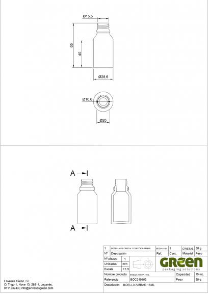 Ficha Técnica envase cosmética botella Ámbar 15ml. Ref.BOC015102D