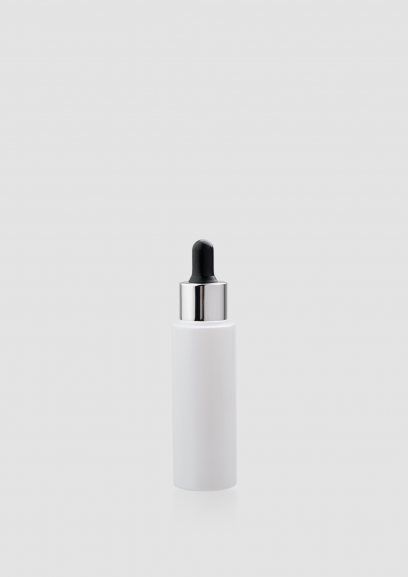 Envase cosmético "London" 50 ml. Botella dosificadora calidad Cristal Blanco con cuentagotas Plata-Negro